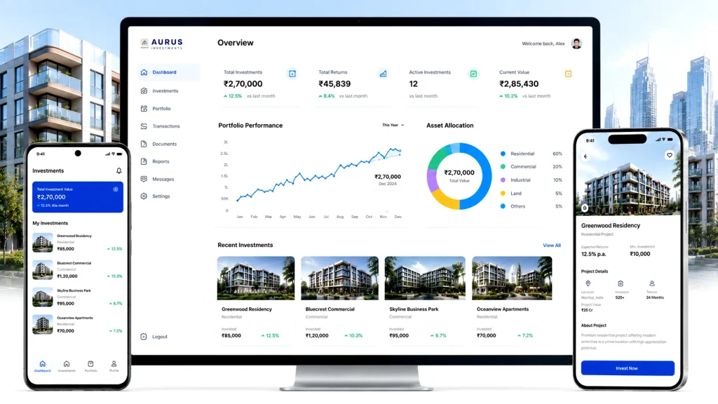 Real estate investor portal dashboard on desktop and mobile for investments, portfolio performance, returns and secure access