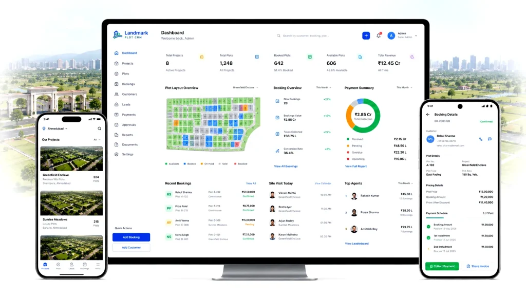 Plot booking CRM dashboard on desktop and mobile for real estate inventory, bookings, payments and installment tracking
