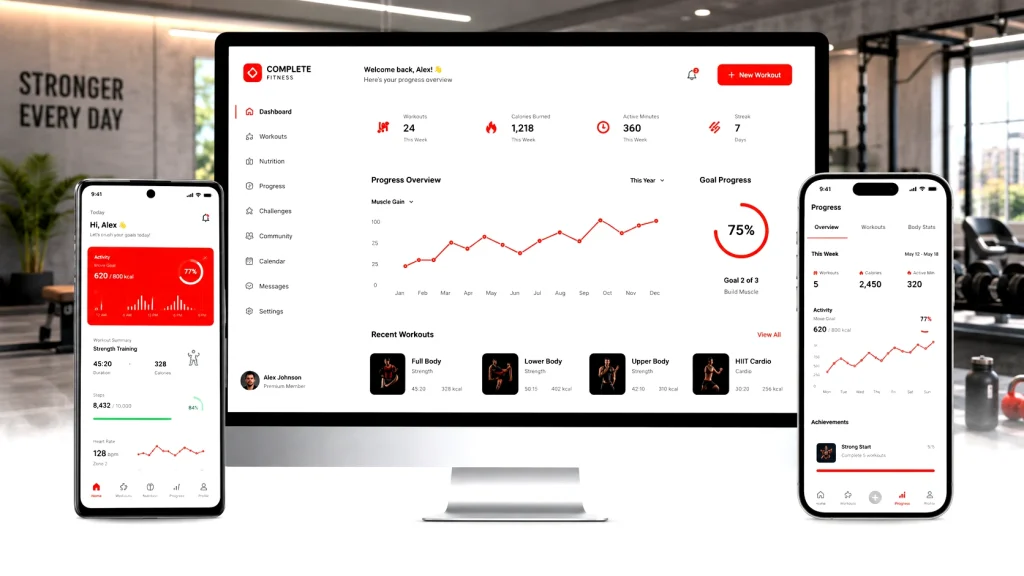 Complete Fitness fitness app dashboard on desktop, Android and iOS devices for workouts, calories, progress tracking and member retention
