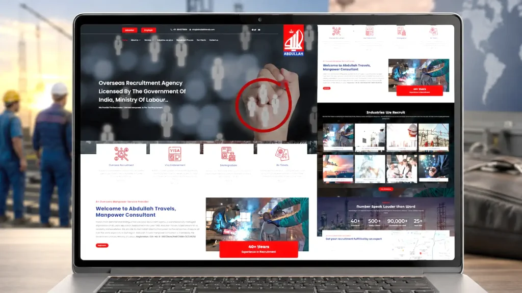 Abdullah recruitment agency website design and global candidate sourcing portal UI on laptop screen