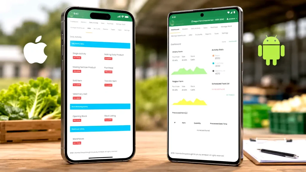 Asmita farm inventory and worker attendance tracking mobile app interface