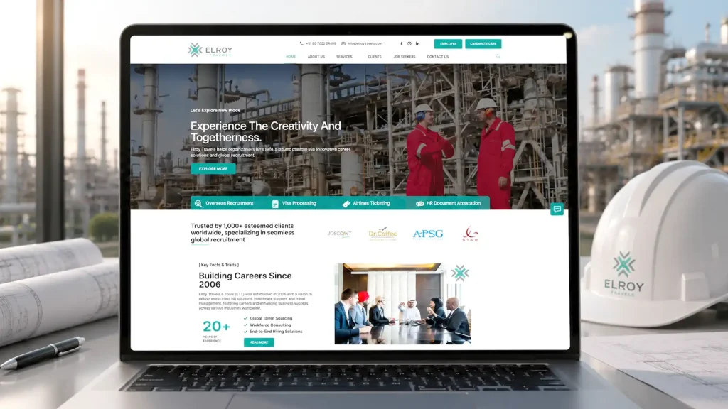 Elroy Travels recruitment agency web portal UI showing international candidate conversion features
