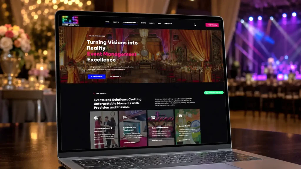 Events & Solutions online event booking web application interface showing client inquiry form