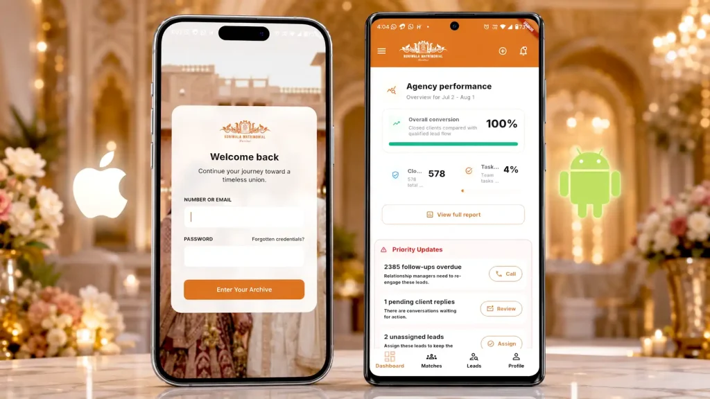 KONIWALA AI matrimonial application showing secure live chat and profile discovery UI