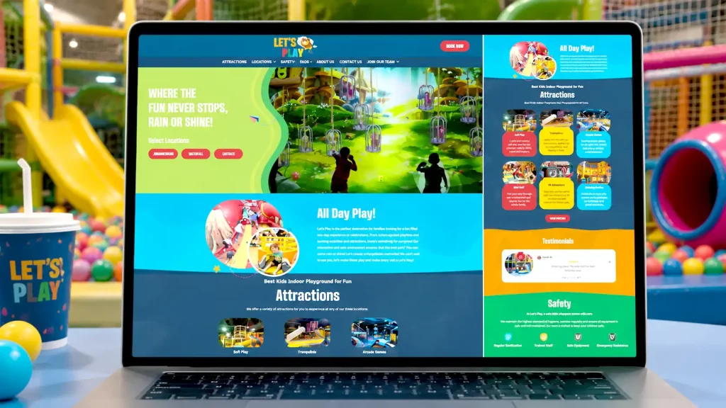 Let's Play Party venue booking web platform interface on mobile and desktop view