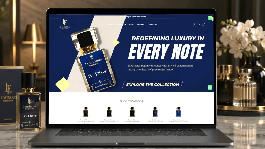 Luminous Fragrances luxury ecommerce store interface showing custom product shopping catalog