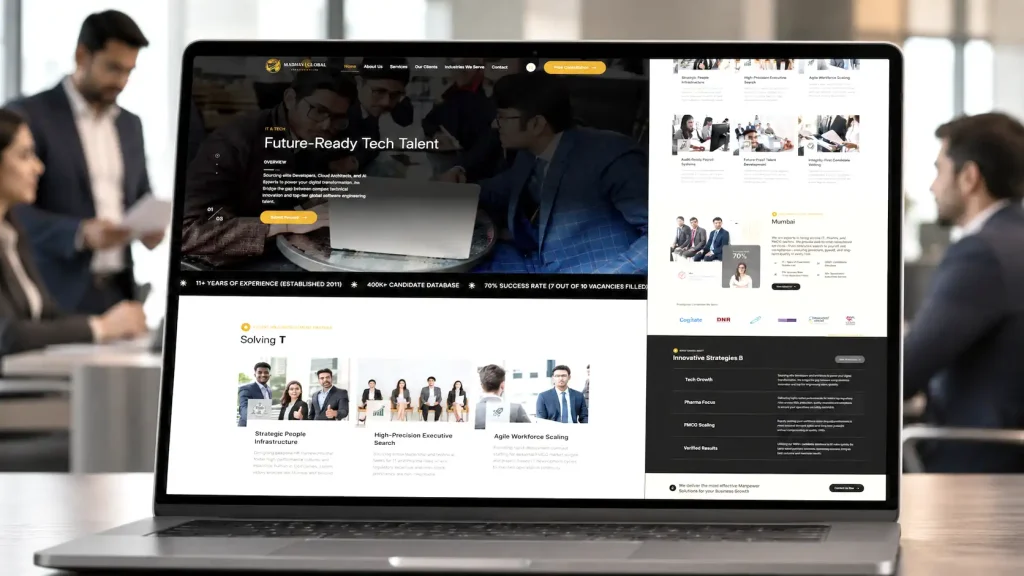 Madhavi Global HR web portal layout for overseas recruitment consultancy and candidate management