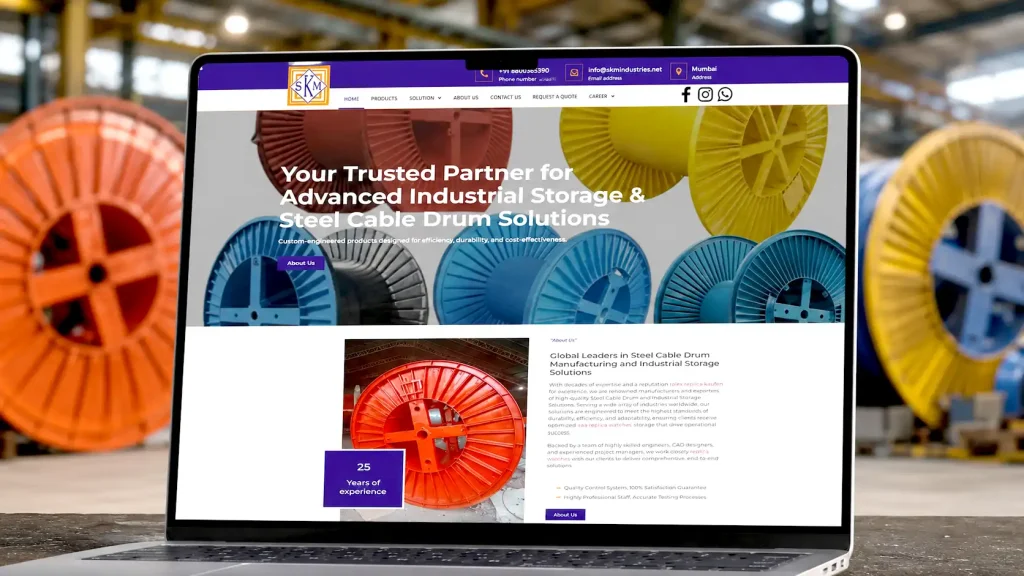 SKM corporate website design showing international business trade portal interface