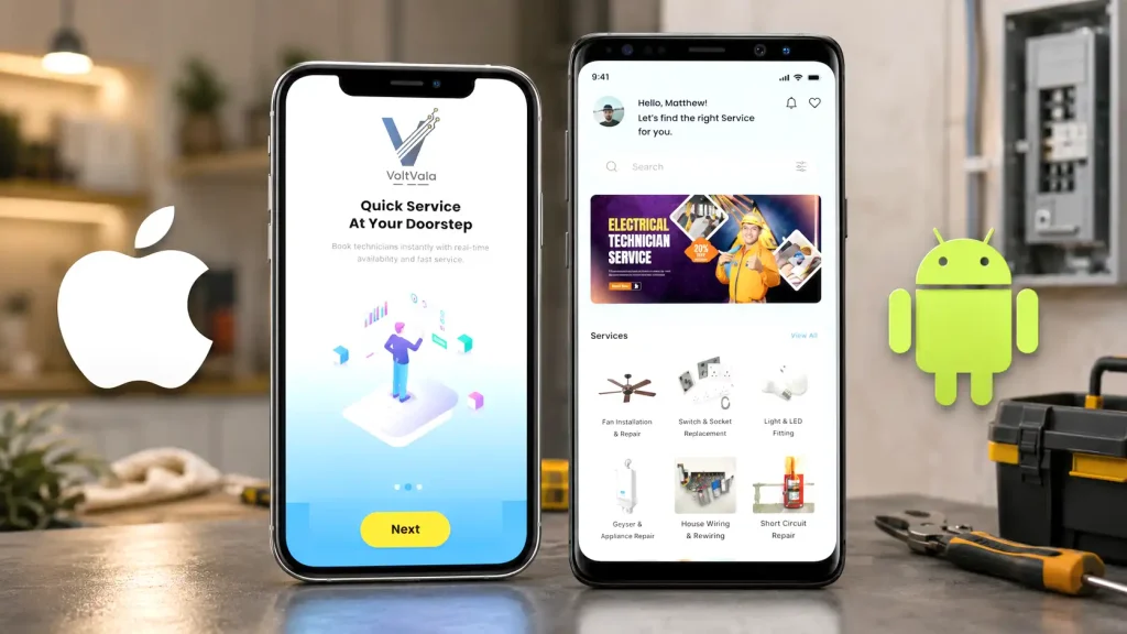 Voltvala on-demand electrician service booking mobile app user interface