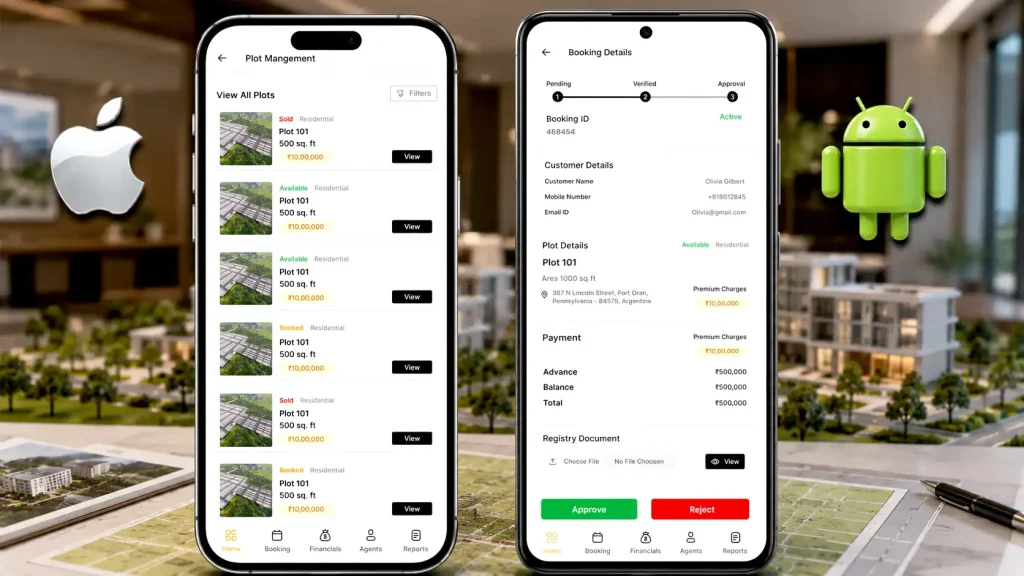 Wind Smart plot booking sales CRM and multi-user mobile app ecosystem interface