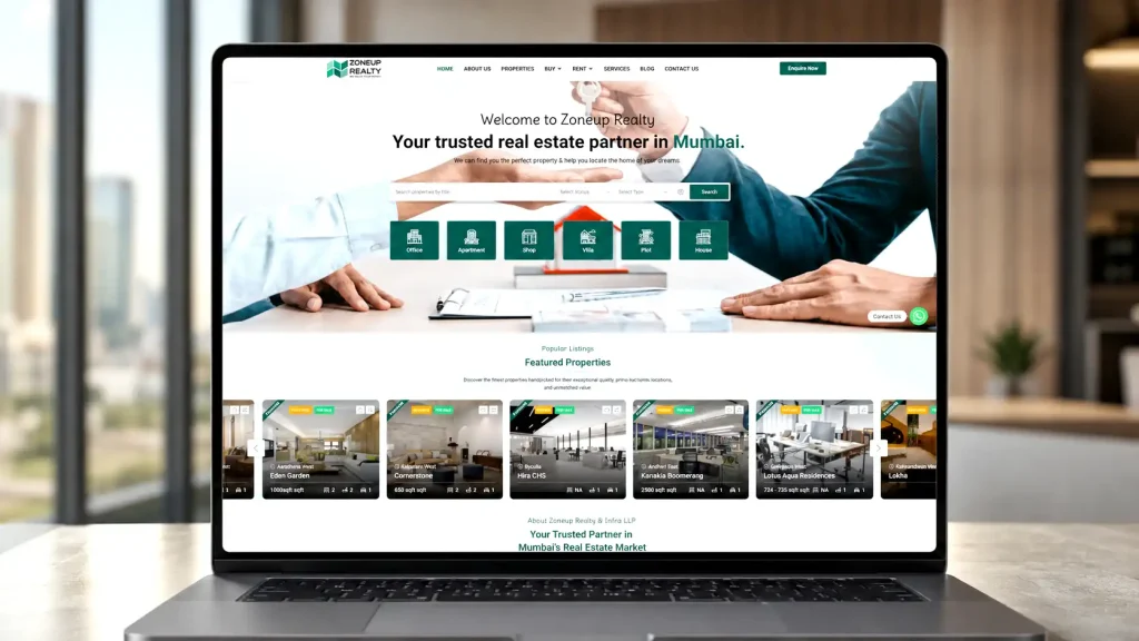 Zoneup Reality real estate listing website UI showing property search and inquiry web interface