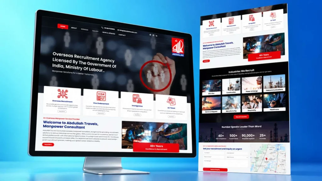 Abdullah recruitment agency website design and global candidate sourcing portal UI on laptop screen