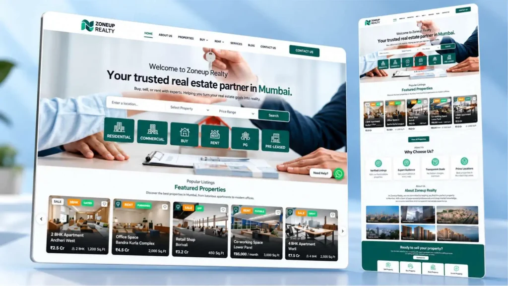 Zoneup Reality real estate listing website UI showing property search and inquiry web interface