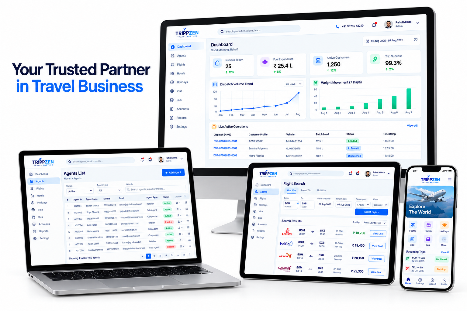 TRIPZEN centralized flight booking software interface with real-time reporting portal